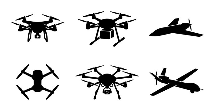 Unmanned aerial vehicle silhouettes, set of 6 drone and aircraft vector icons, black quadcopter and military uav symbols for logistics and surveillance