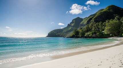 Obraz premium A serene beach scene featuring clear blue waters, soft white sand, and lush green mountains under a bright sky with scattered clouds.