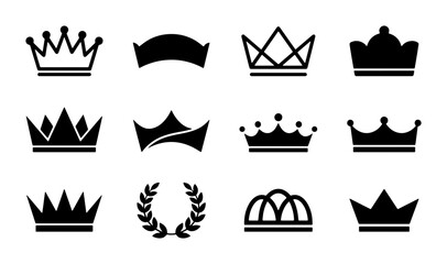 Royal crown icons set, black silhouette king and queen tiara symbols, 12 luxury heraldic coronet elements for logo design and branding © Imran