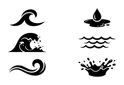 Minimalist ocean wave icons, black water splash vector set, 6 liquid drop and sea surf symbols