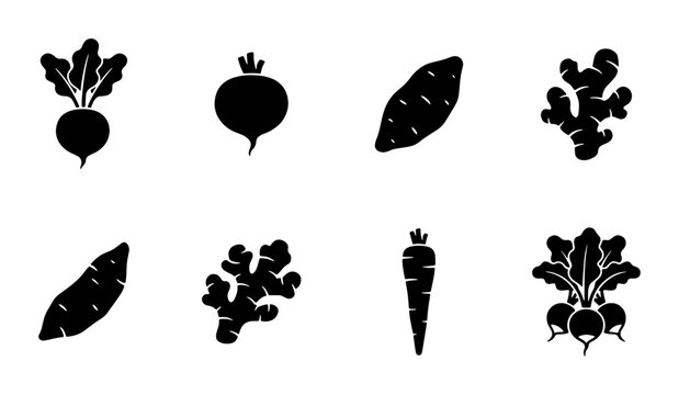 Root vegetable icon set, black silhouette 8 icons vector, organic carrot beet and ginger symbols