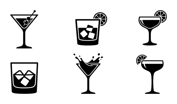 Minimalist cocktail icon set, black and white alcoholic beverage symbols, 6 vector drink illustrations for bar menus and signage