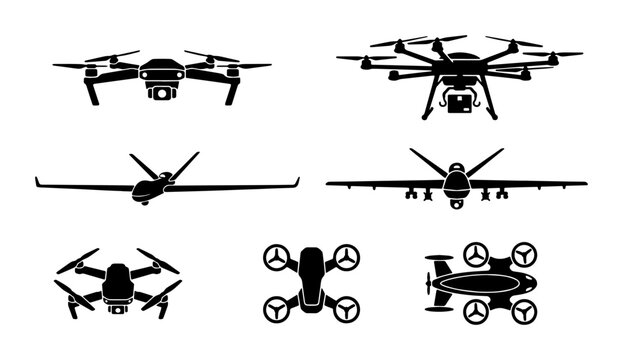 Modern drone silhouettes set, 7 unmanned aerial vehicle icons, black quadcopter and military uav vector graphics, remote control aircraft collection