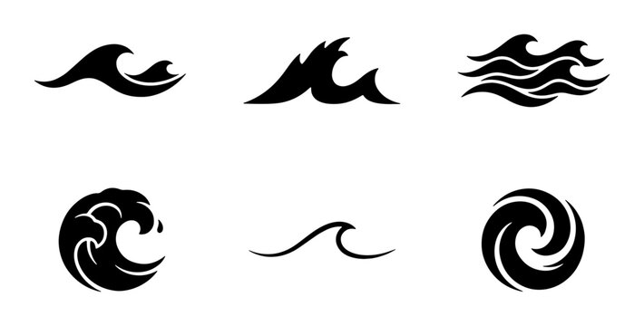 Ocean wave icon set, black sea water splash symbols, 6 minimalist surf and tide vector elements
