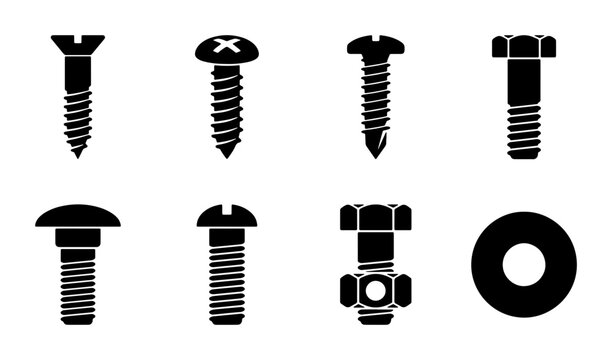 Industrial screw and bolt icons set, black metal fastener silhouettes, hardware equipment collection with nuts and washers, 8 vector elements