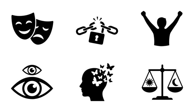 Mental health icons set, psychology and emotional well-being symbols, 6 black vector elements for therapy and mindfulness concepts