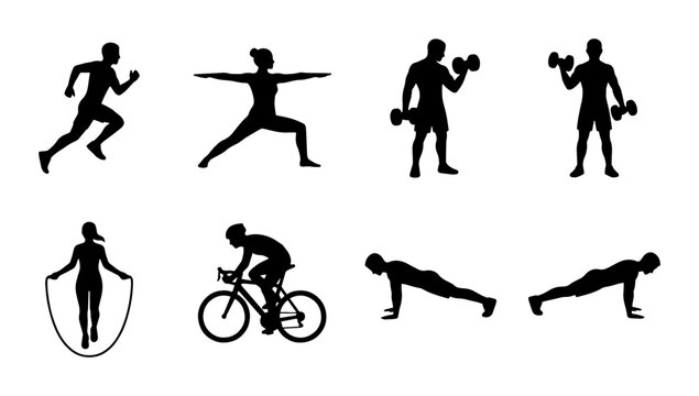 Fitness silhouette collection of 8 workout icons, athletic people exercising vector set, gym training and cardio sports activities on white background