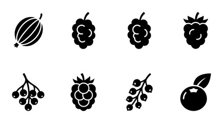 Minimalist berry icon set, black solid fruit vector collection, 8 organic berry symbols for food packaging and healthy lifestyle branding © Lima