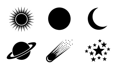 Celestial space icon set, black silhouette sun and crescent moon symbols, minimalist planet and comet vector illustrations, 6 astronomy elements © Imran