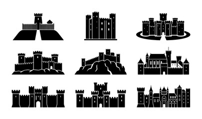 Medieval castle silhouette icons, set of 9 black fortress vector illustrations, ancient stone citadel and palace architecture symbols for gaming and history © Imran