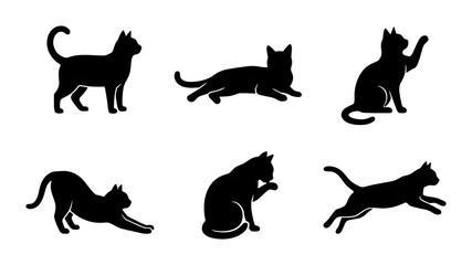Black cat silhouette collection, set of 6 feline vector icons in various poses, minimalist domestic pet animal shapes for logo design and branding © Imran