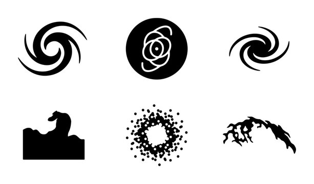 Abstract cosmic galaxy icons set, black spiral vortex vector shapes, celestial nebula symbols