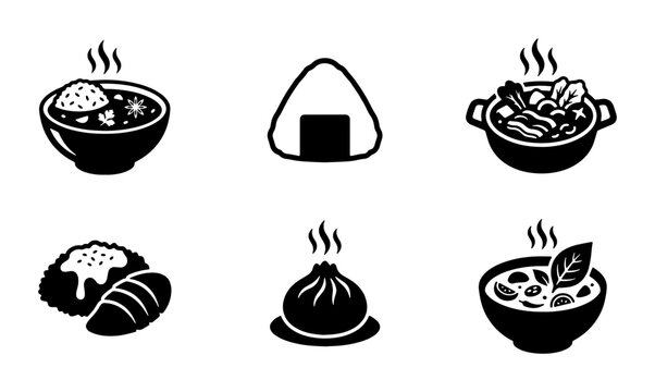 Japanese food icon set, black and white vector illustrations of ramen, onigiri, and dumplings, minimalist asian cuisine symbols for restaurant menus