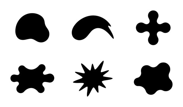 Abstract organic blob shapes set, black liquid amoeba silhouettes, 6 minimalist Y2K aesthetic vector elements for modern graphic design