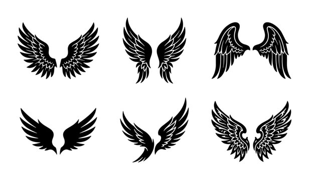 Vintage heraldic wings collection, set of 6 black feather wing silhouettes, decorative angel and eagle wing vectors for tattoo and logo design