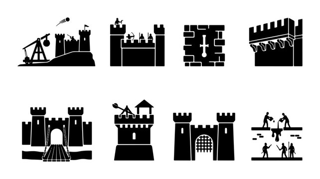 Medieval castle icons set, 8 black silhouette vector elements of fortress defense and siege warfare, ancient stone tower and catapult illustrations