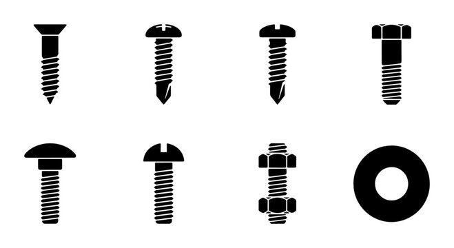 Industrial screw and bolt icon set, 8 black metal hardware vector elements, construction fasteners