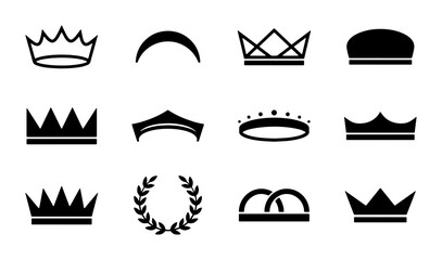Minimalist crown icons set, black royal tiara and laurel wreath vector silhouettes, elegant heraldic symbols for luxury branding and logo design © Mahfuz