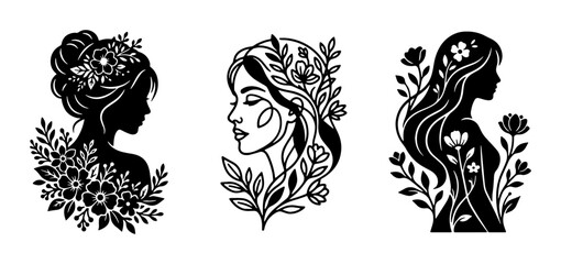 Obraz premium Minimalist female portrait silhouettes with floral elements, elegant woman face line art vector set, botanical beauty and hair salon logo icons