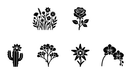 Minimalist black floral icons set, botanical flower silhouettes vector collection, 6 nature plant symbols including rose cactus and orchid © Imran