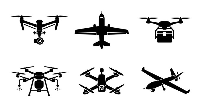 Unmanned aerial vehicle icons, set of 6 black drone silhouettes and aircraft vectors, professional uav and delivery quadcopter symbols for logistics
