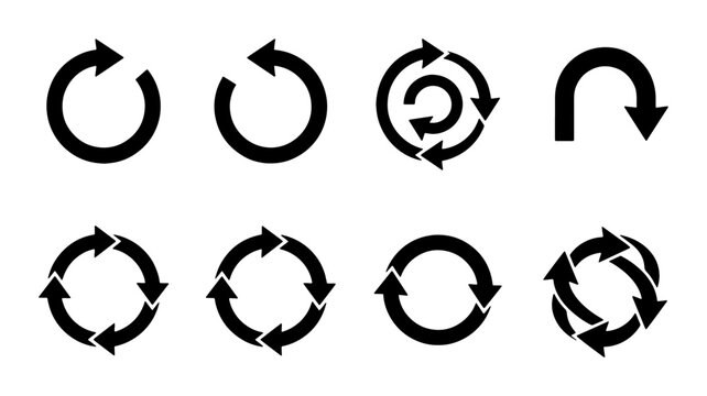 Minimalist black circular arrow icons set, 8 vector rotation and refresh symbols, recycle and loop signs for interface design and infographics