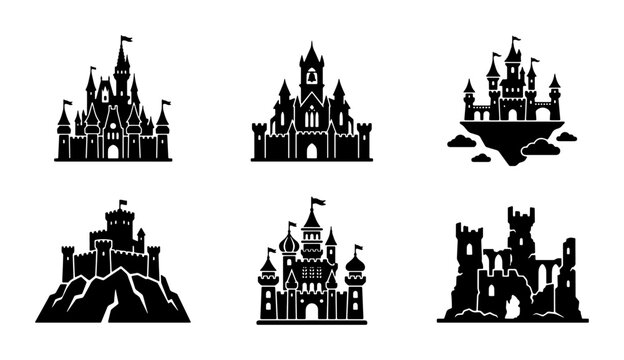 Medieval castle silhouette icons, set of 6 fairytale fortress vectors, royal palace and gothic citadel symbols, ancient kingdom architecture