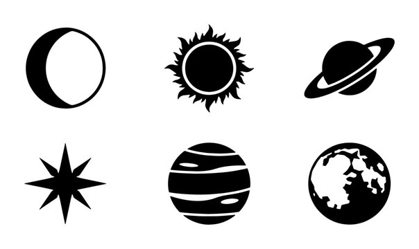 Celestial space icons set, black minimalist planet and star silhouettes, set of 6 vector astronomy symbols including sun moon and saturn