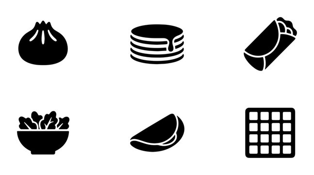 Minimalist food icon set featuring 6 black solid vector symbols, breakfast and snack food illustrations, restaurant menu graphic elements