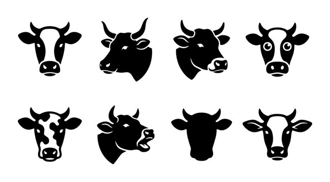 Cow head silhouette vector icons, set of 8 bull and heifer face symbols, black and white livestock farm animal graphics for butchery and dairy logos