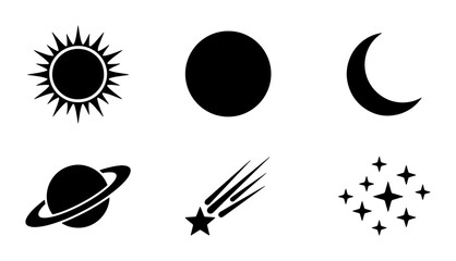 Celestial space icon set, black minimalist sun and moon silhouettes, 6 astronomy vector elements including saturn planet and shooting star © Sanjida