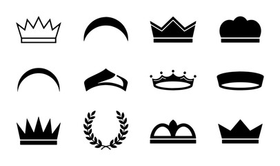 Royal crown icons set, black silhouette tiara and laurel wreath collection, 12 vector king and queen headwear symbols for luxury branding © Sanjida