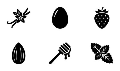 Baking ingredients icon set, black solid vector symbols of vanilla, egg, strawberry, almond, honey dipper and mint leaves for food packaging © Mahfuz