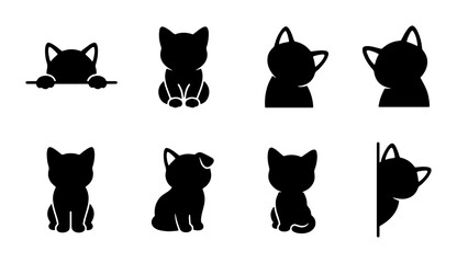 Minimalist black cat silhouette collection, 8 cute kitten icons in various poses, feline pet character set for logo design and web graphics © Shariful