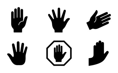 Obraz premium Black hand icons set, stop gesture and palm silhouettes, flat vector collection of 6 human hand symbols for UI design and safety warnings