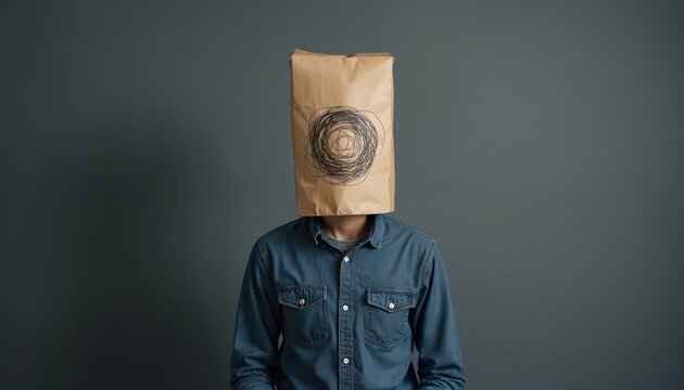 Person wears brown paper bag head cover with scribbled circle design. Blue denim shirt contrasts dark grey studio backdrop. Represents anonymity privacy or creative block.