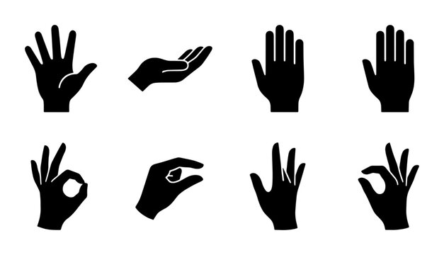 Minimalist hand gesture silhouette icons, set of 8 black human hand signs, flat vector palm and finger symbols for communication and UI design