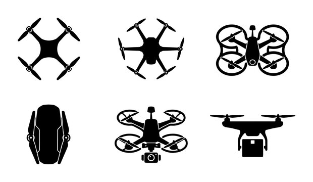 Modern drone silhouette icons set, 6 black quadcopter and hexacopter vector symbols, aerial photography and delivery drone graphics