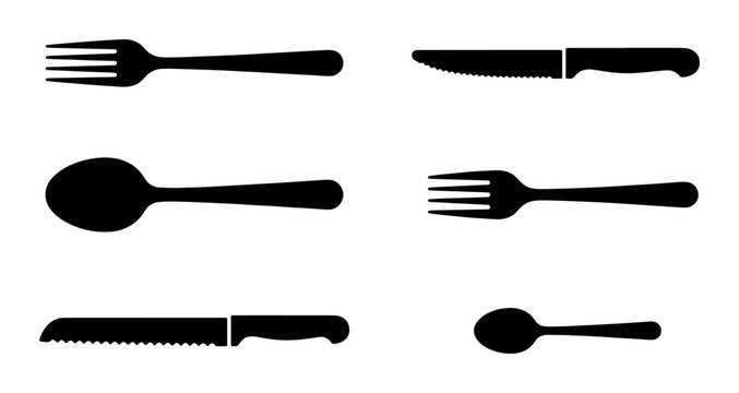 Black cutlery silhouette icons set, minimalist kitchen utensils collection with fork knife and spoon, restaurant dining equipment vector elements