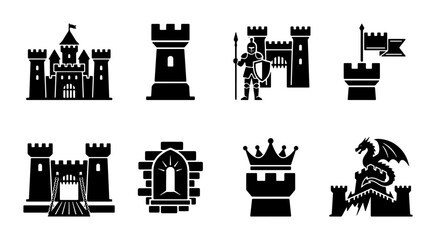 Medieval castle icons set, black silhouette fortress and kingdom symbols, 8 vector elements featuring knight, dragon, crown, and stone towers © Sanjida