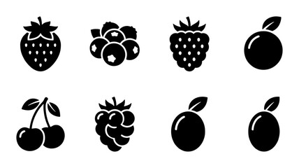 Minimalist berry and fruit icons set, black solid silhouette food symbols, collection of 8 vector berry graphics for grocery and menu design © Shariful