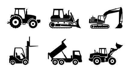 Heavy machinery construction vehicle icons, black silhouette set of 6 industrial equipment vectors, tractor excavator and forklift graphics © Sanjida