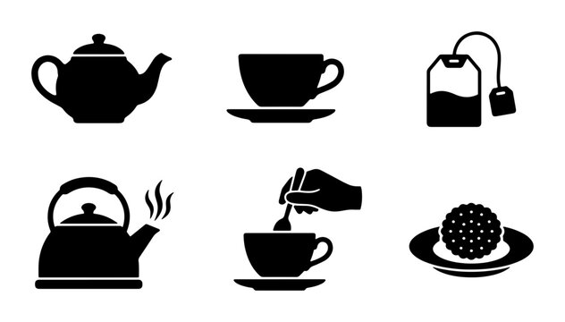 Black tea icon set with teapot and cup, minimalist beverage symbols for cafe menu, 6 vector elements including tea bag and kettle