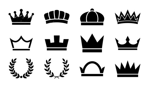 Vintage royal crown icons and laurel wreath set, black silhouette heraldry symbols, 12 vector elements for luxury branding and award design