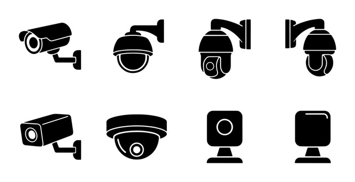Security camera icon set, black surveillance CCTV vector collection, professional monitoring and safety equipment symbols for web and app design