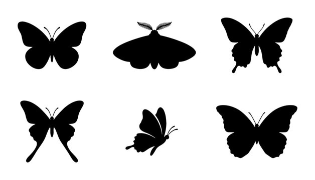 Black butterfly silhouette collection, 6 decorative moth and butterfly vector icons, minimalist insect wing shapes for nature logos and graphic design