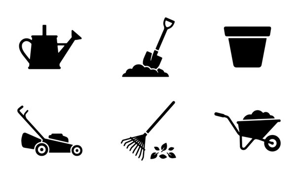 Garden tools icon set, black silhouette gardening equipment collection, 6 vector symbols for landscaping and horticulture maintenance