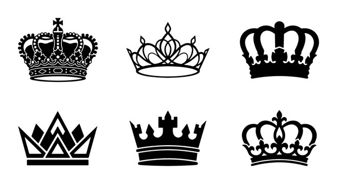 Royal crown vector icons set, black heraldic tiara silhouettes, 6 elegant king and queen headwear symbols for luxury branding and logo design