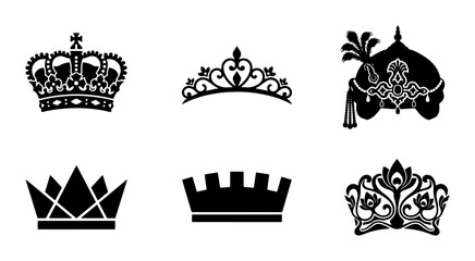 Royal crown silhouette collection, set of 6 black heraldic tiara icons, monarch headwear and sultan turban vector symbols for logo design © Shariful