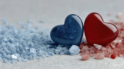 Fototapeta premium Two small hearts red and blue lying on sand with soft focus background minimal composition and gentle lighting symbolic contrast Concept of relationship and balance